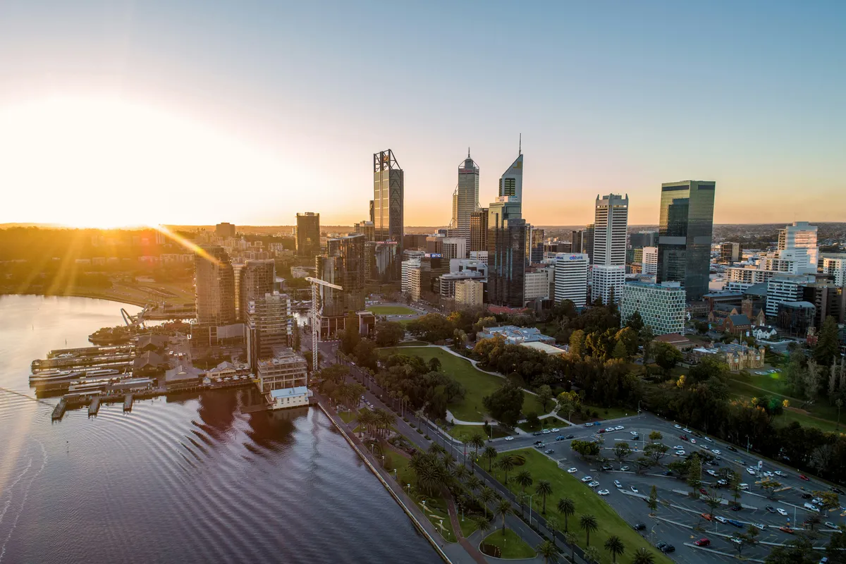 Perth CBD skyline at sunset from Elizabeth Quay, Western Australia